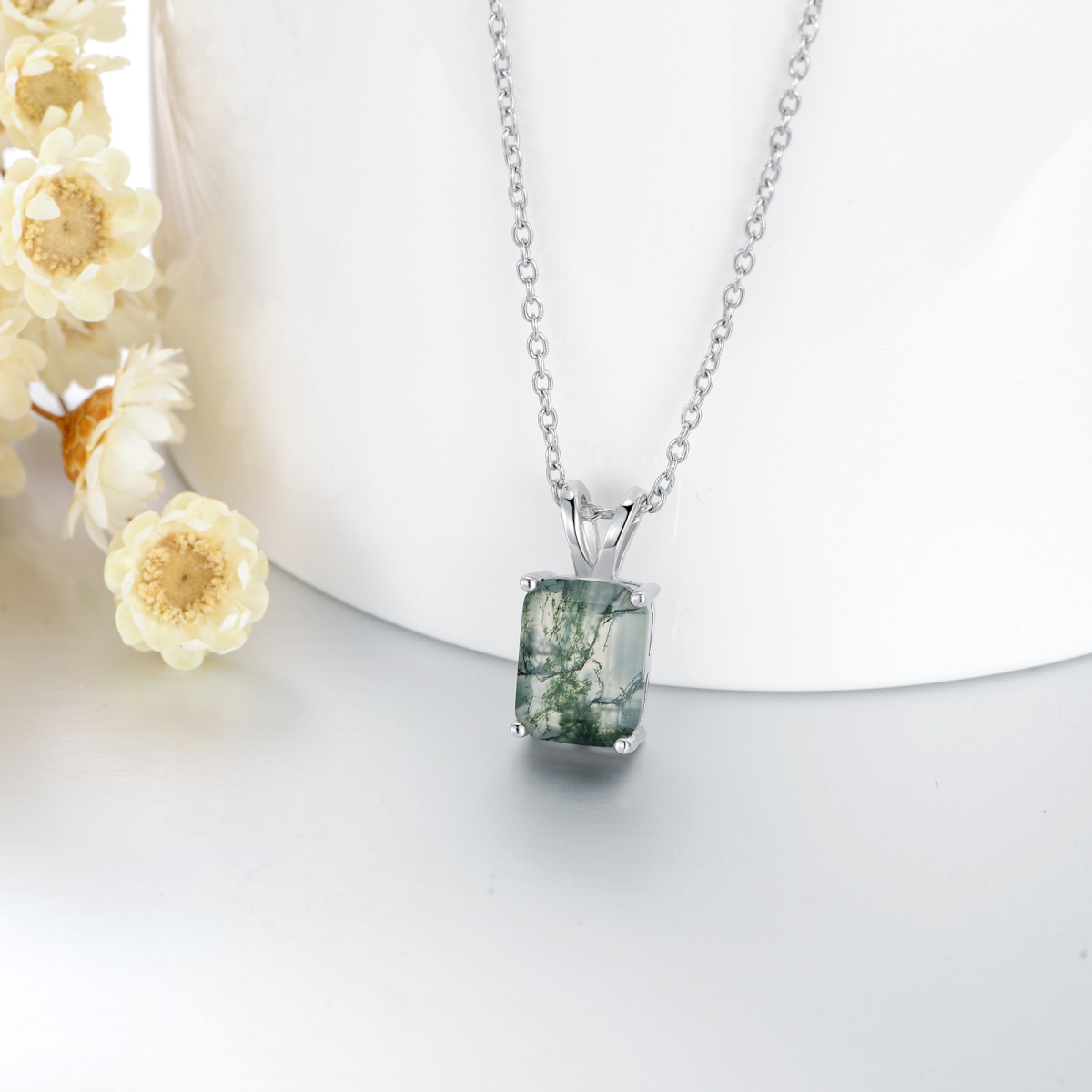 Sterling Silver Moss Agate Square Pendant Necklace-3