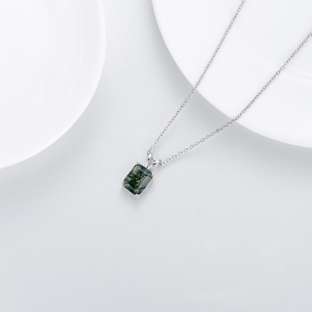 Sterling Silver Moss Agate Square Pendant Necklace-4