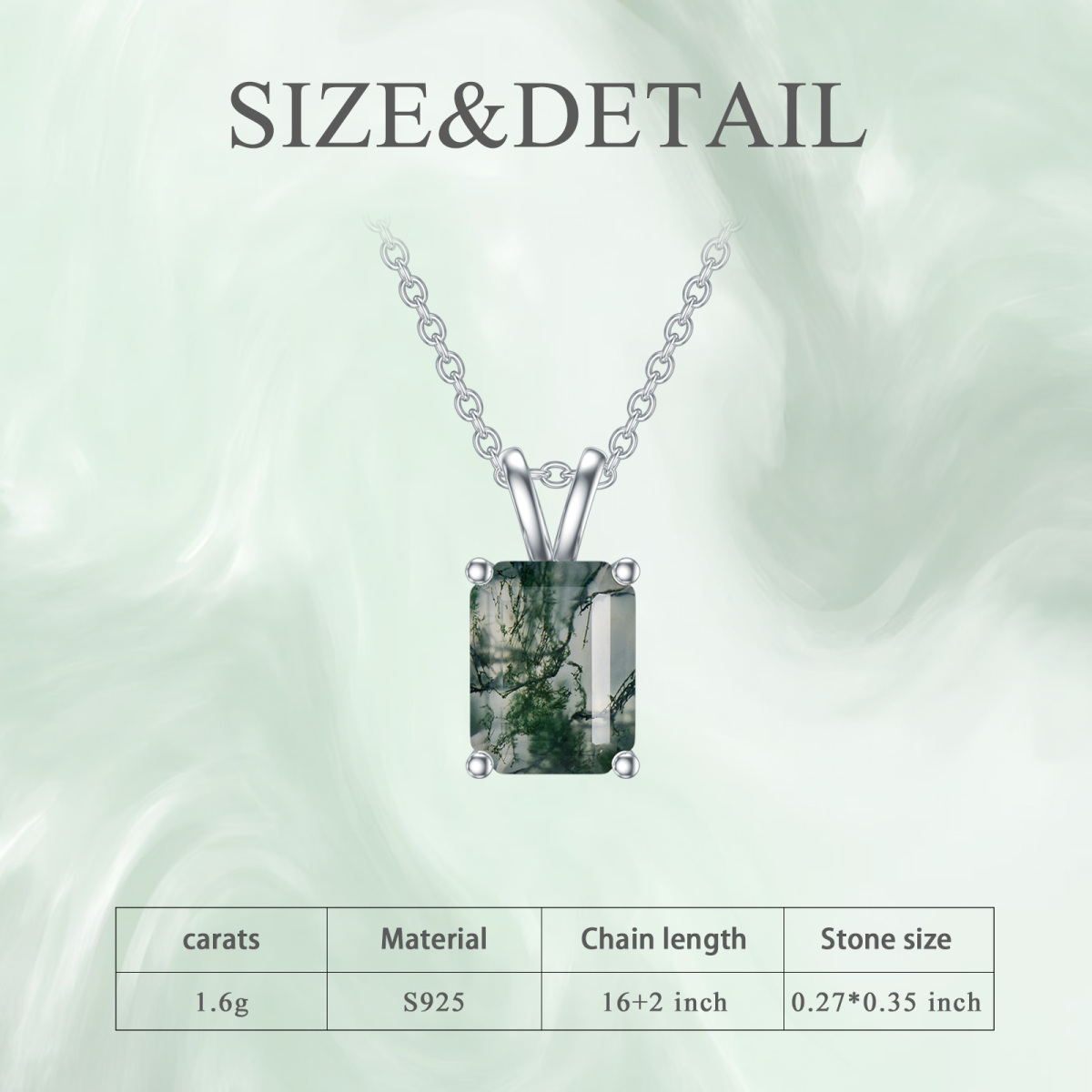 Sterling Silver Moss Agate Square Pendant Necklace-5