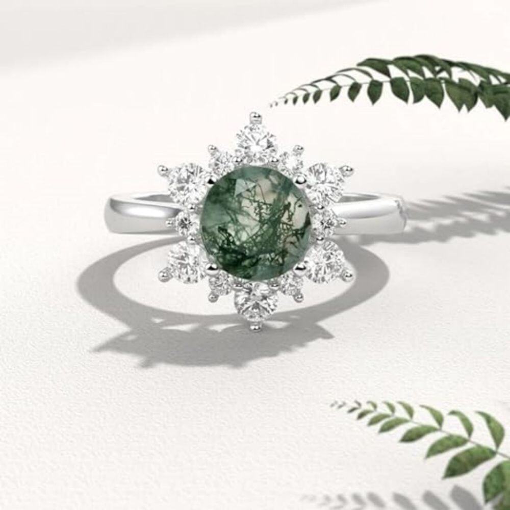Sterling Silver Moss Agate Sun Engagement Ring-3