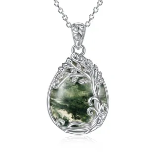 Sterling Silver Moss Agate Tree Of Life & Drop Shape Pendant Necklace-19