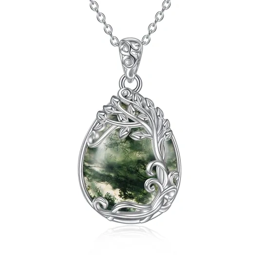 Collana con ciondolo a forma di goccia e albero della vita in argento sterling con agata muschiata