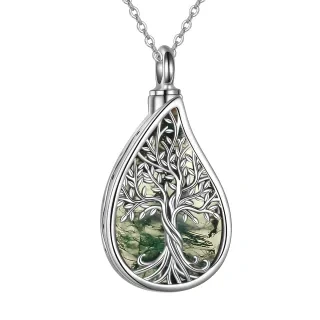 Sterling Silver Moss Agate Tree Of Life & Drop Shape Urn Necklace for Ashes with Engraved Word-4