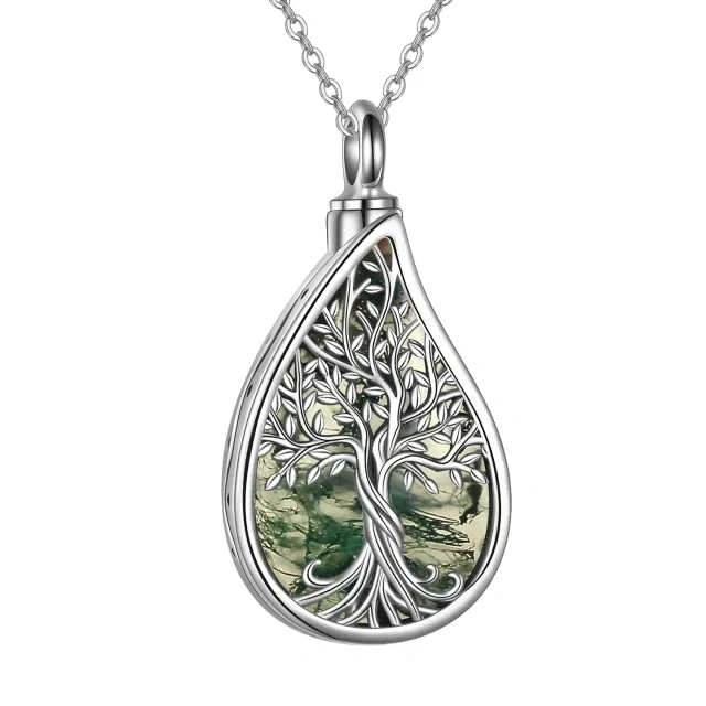 Sterling Silver Moss Agate Tree Of Life & Drop Shape Urn Necklace for Ashes with Engraved Word