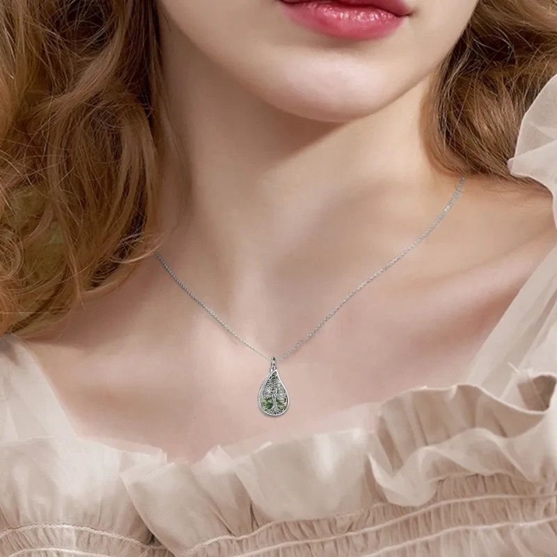 Collana in argento sterling con albero della vita in agata muschiata e urna a forma di goccia per le ceneri con parola incisa-2