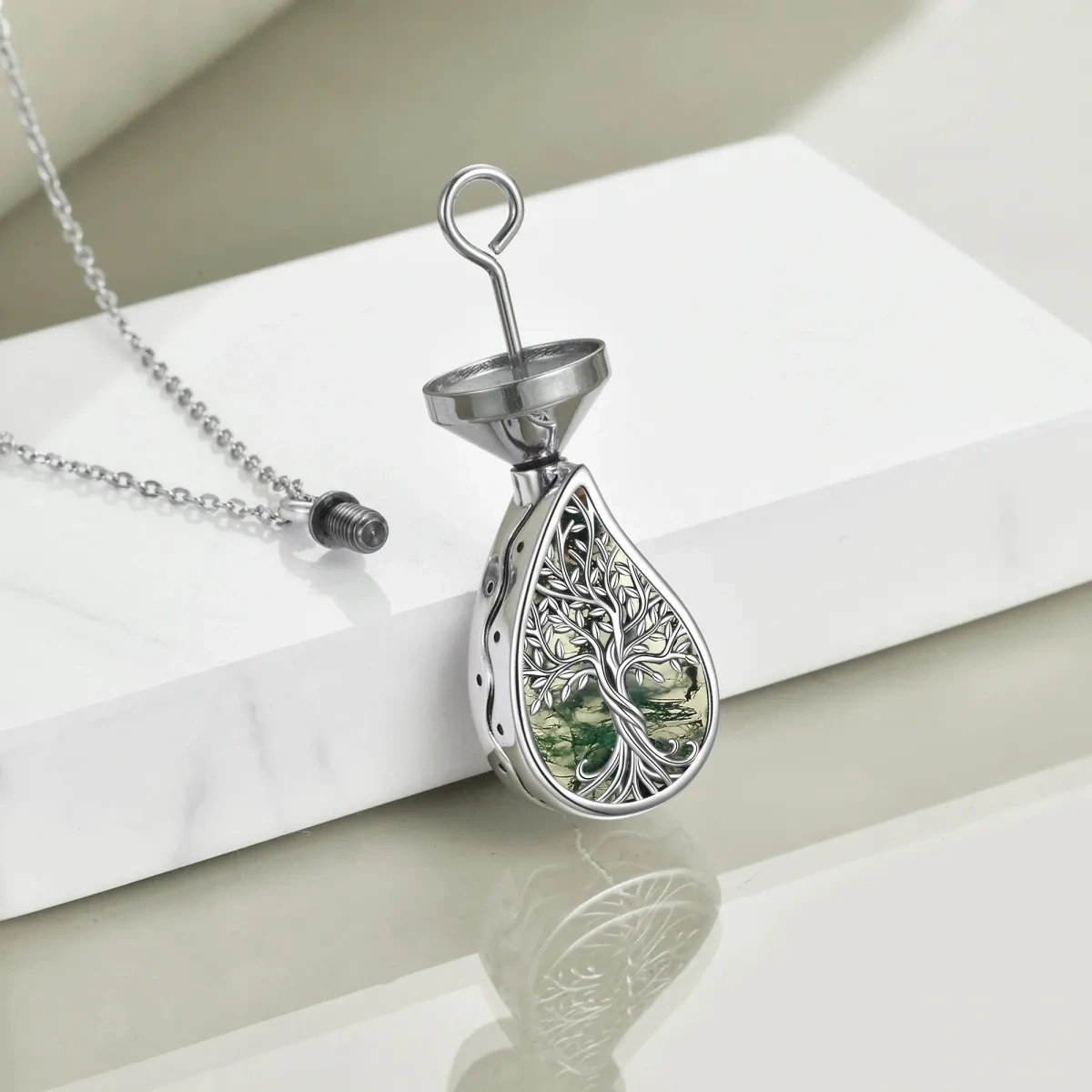 Sterling Silver Moss Agate Tree Of Life & Drop Shape Urn Necklace for Ashes with Engraved Word-3