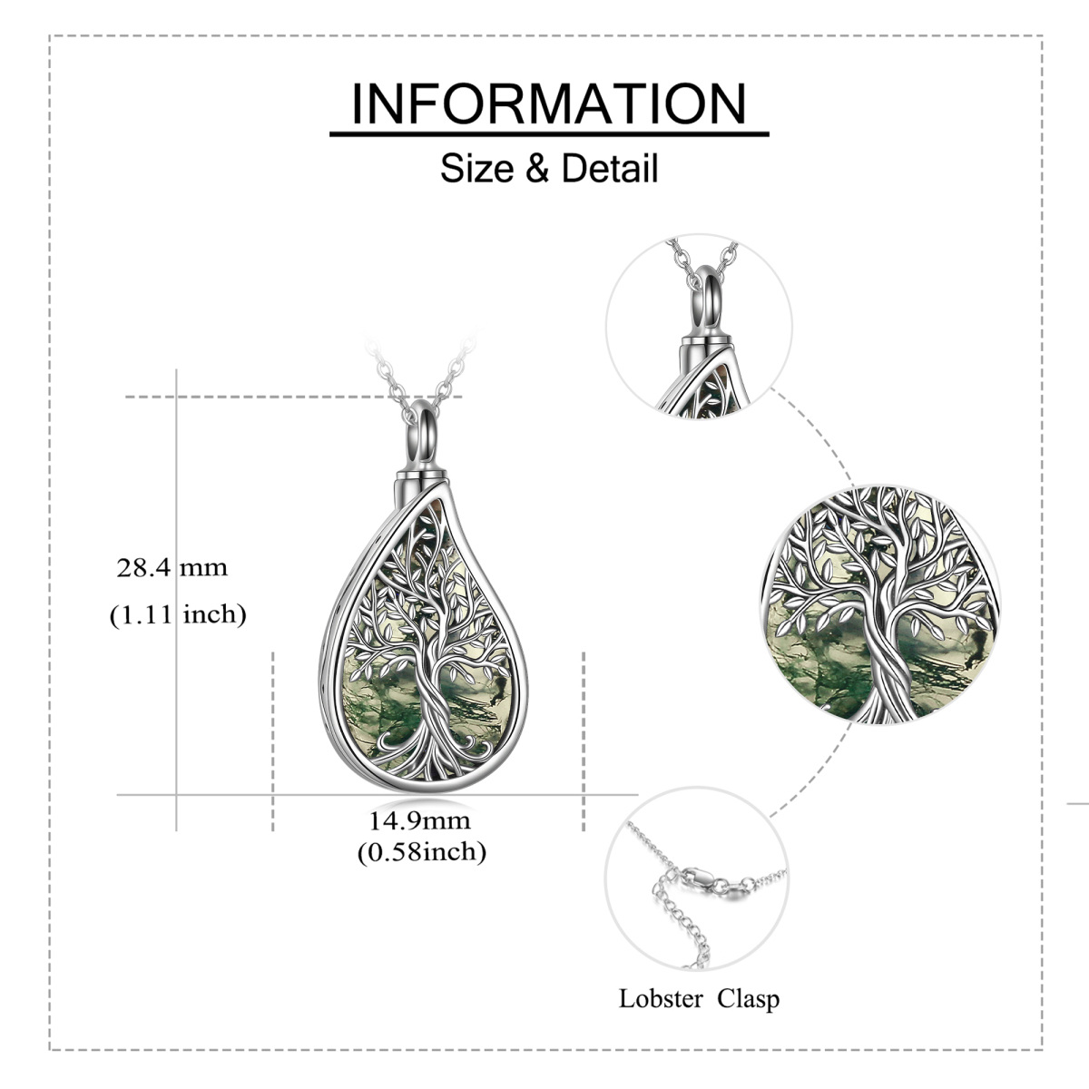 Sterling Silber Moos Achat Baum des Lebens & Drop Form Urne Halskette mit eingraviertem Wo-4