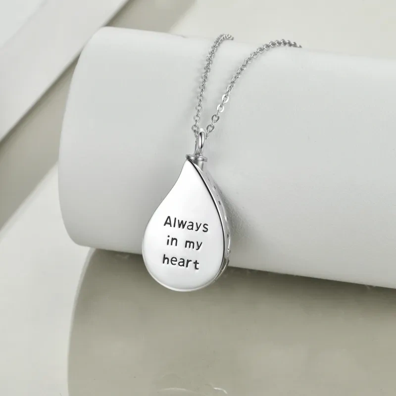 Collana in argento sterling con albero della vita in agata muschiata e urna a forma di goccia per le ceneri con parola incisa-5