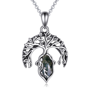 Sterling Silver Moss Agate Tree Of Life & Mother Pendant Necklace-8