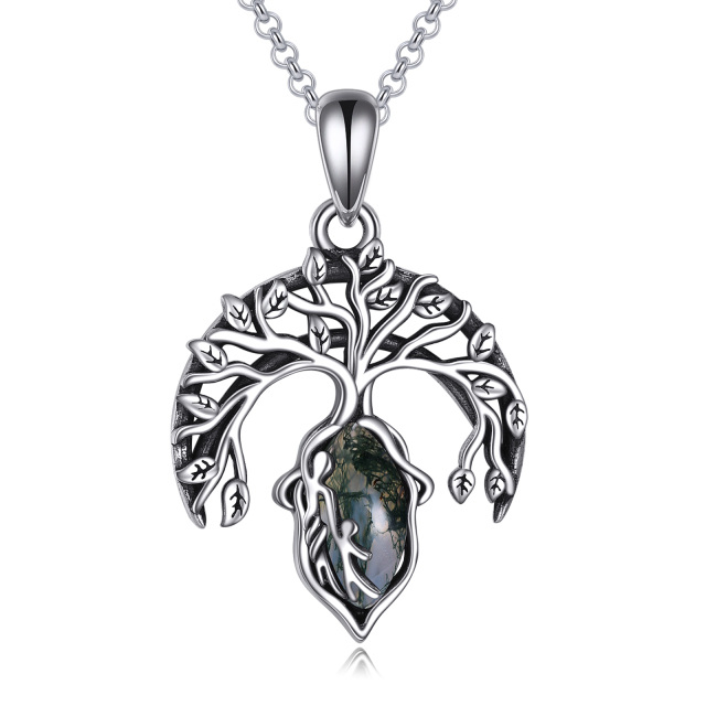 Sterling Silver Moss Agate Tree Of Life & Mother Pendant Necklace