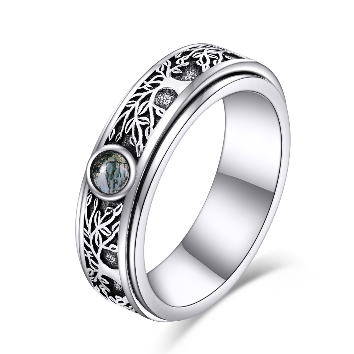 Sterling Silver Moss Agate Tree Of Life Spinner Ring-1