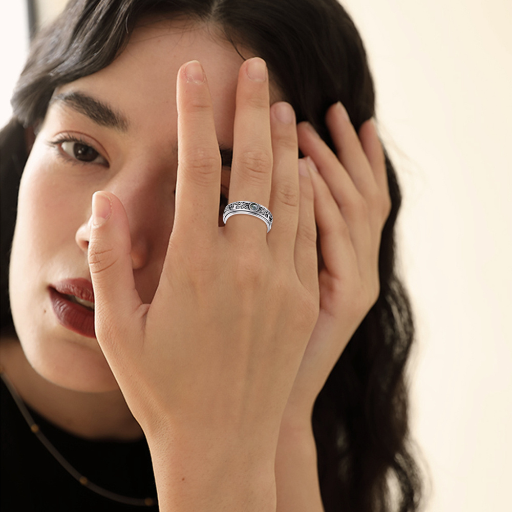 Anillo giratorio de plata de ley con ágata musgosa y árbol de la vida-2