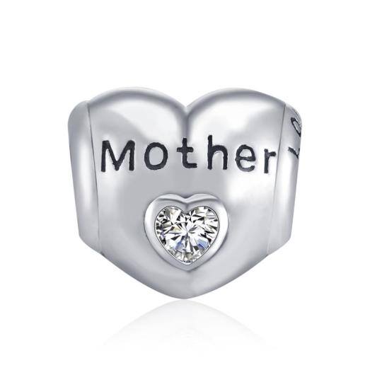 Srebrny koralik z cyrkoniami Mother & Daughter Heart Bead Charm z wygrawerowanym słowem