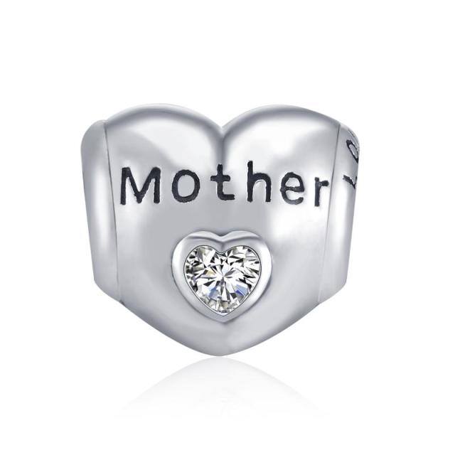 Sterling Silver Cubic Zirconia Mother & Daughter Heart Bead Charm with Engraved Word-5