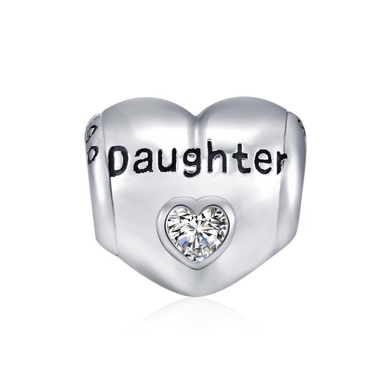 Sterling Silver Cubic Zirconia Mother & Daughter Heart Bead Charm with Engraved Word-3