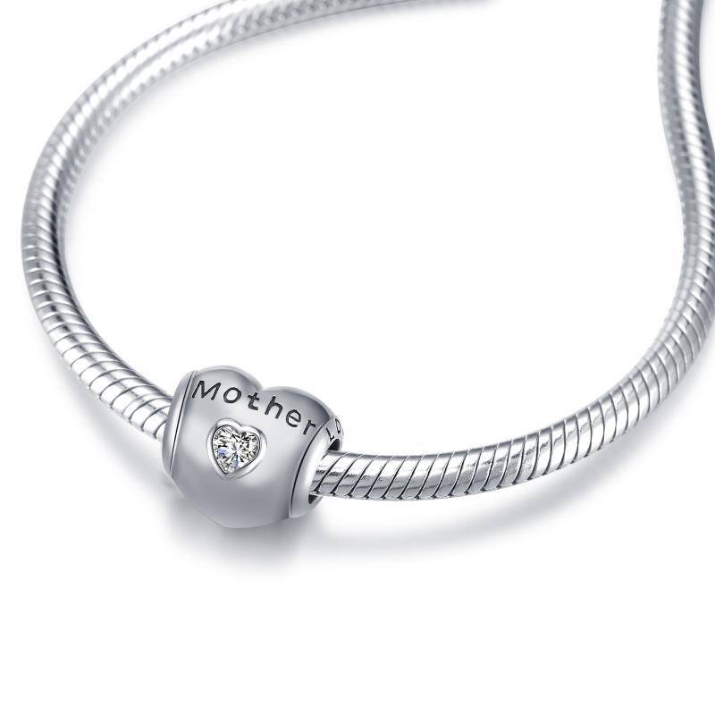 Sterling Silver Cubic Zirconia Mother & Daughter Heart Bead Charm with Engraved Word-4