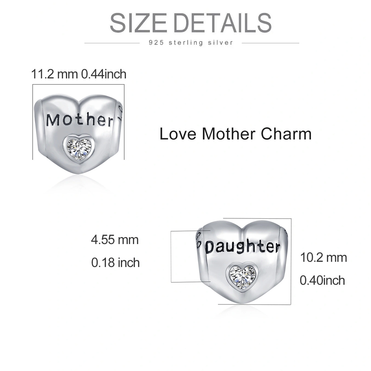 Sterling Silver Cubic Zirconia Mother & Daughter Heart Bead Charm with Engraved Word-5