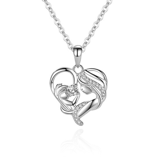 Sterling Silver Cubic Zirconia Mother & Daughter & Heart Pendant Necklace