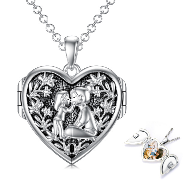 Collana in argento sterling con medaglione fotografico personalizzato con cuore di madre e figlia-1