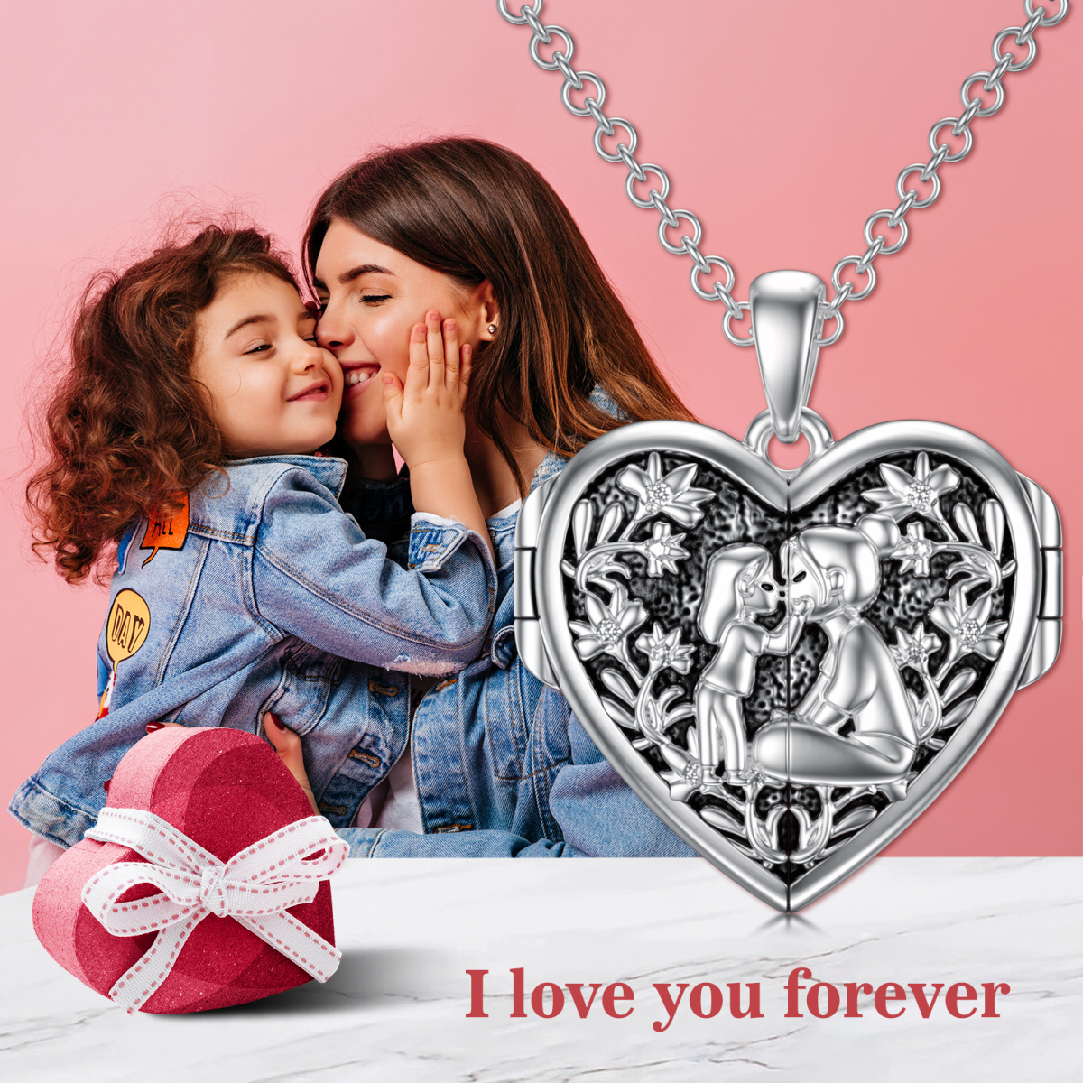 Plata de ley Madre e Hija Corazón Personalizado Foto Locket Collar-3