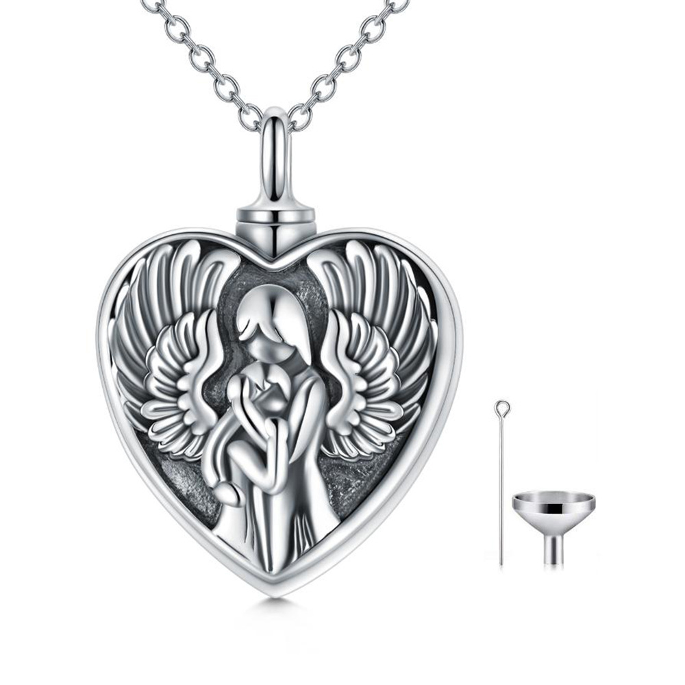 Collana con urna a cuore madre e figlia in argento sterling con parola incisa-1