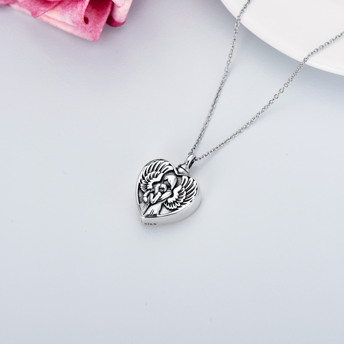 Collana con urna a cuore madre e figlia in argento sterling con parola incisa-4