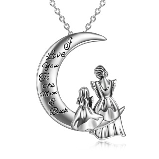 Sterling Silver Mother & Daughter Moon Pendant Necklace with Engraved Word-59