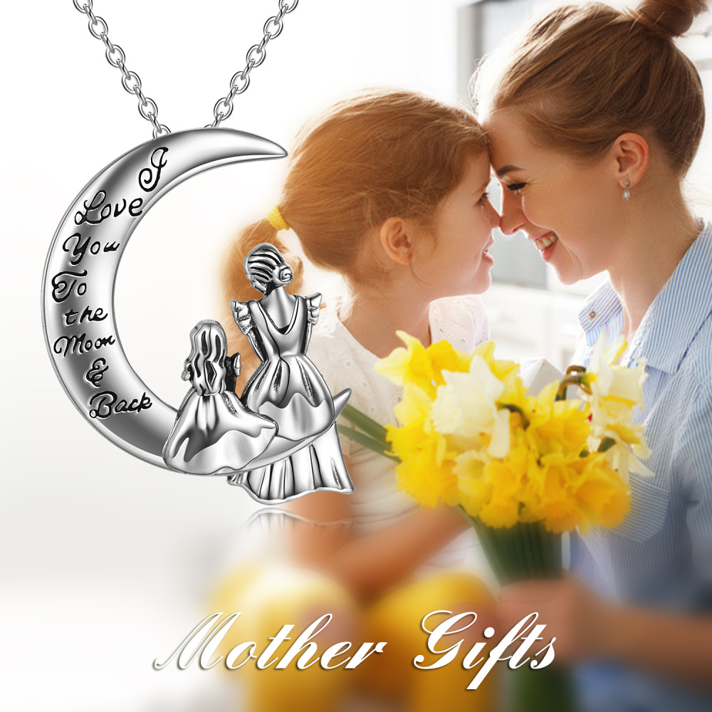 Sterling Silver Mother & Daughter Moon Pendant Necklace with Engraved Word-3