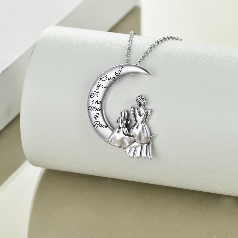 Sterling Silver Mother & Daughter Moon Pendant Necklace with Engraved Word-4