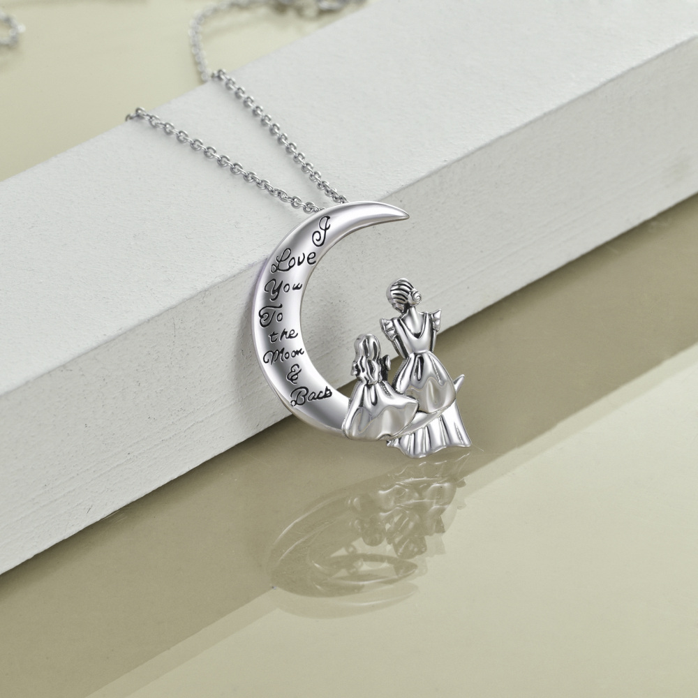 Sterling Silver Mother & Daughter Moon Pendant Necklace with Engraved Word-5