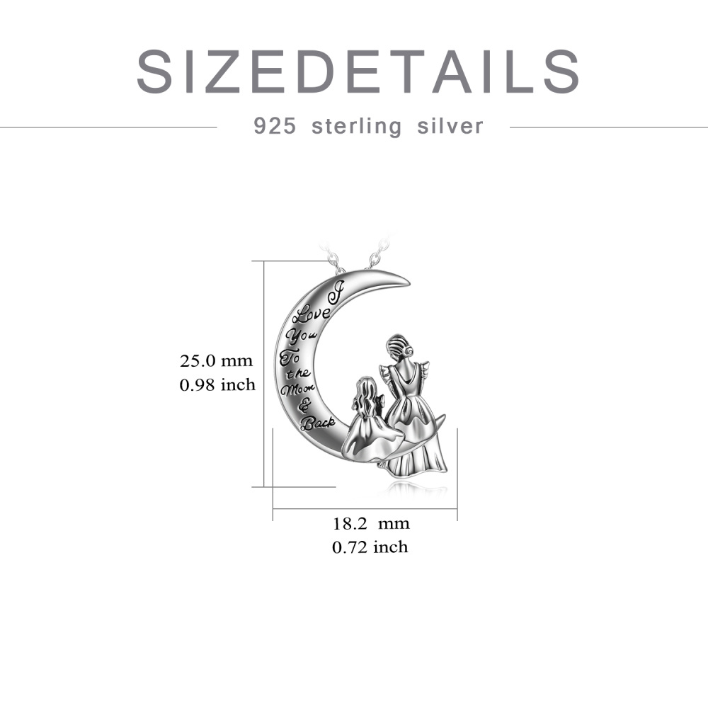 Sterling Silver Mother & Daughter Moon Pendant Necklace with Engraved Word-6