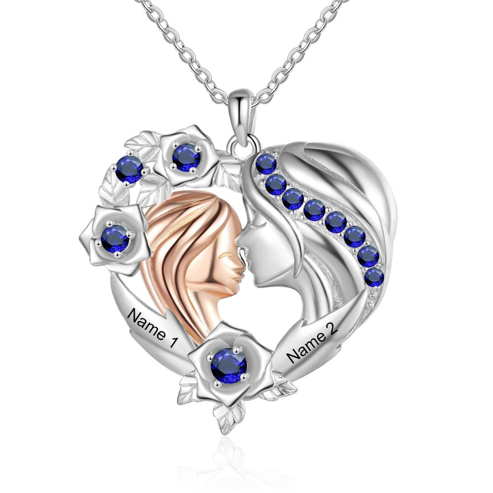 Sterling Silver Round Blue Cubic Zircon Mother With Daughter Personalised Engraving With Birthstone Pendant Necklace For Women-1