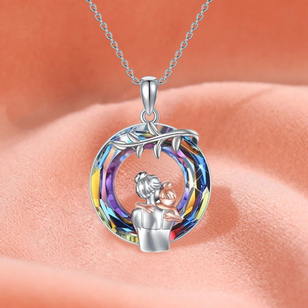 Sterling Silver Mother & Daughter Purple Crystal Pendant Necklace with Box Chain-3