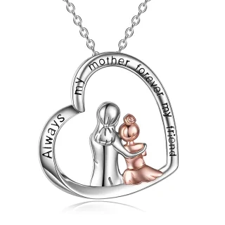 Sterling Silver Mother & Heart Pendant Necklace with Engraved Word-5