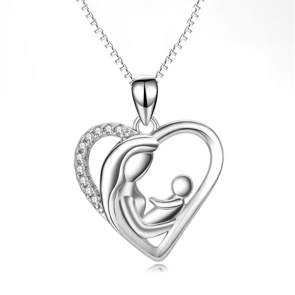 Sterling Silver Cubic Zirconia Mother & Heart Pendant Necklace-1