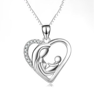 Sterling Silver Cubic Zirconia Mother & Heart Pendant Necklace-55