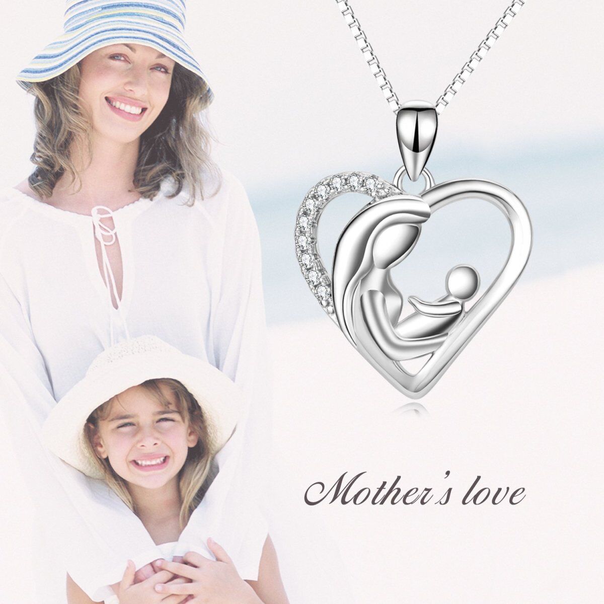 Sterling Silver Cubic Zirconia Mother & Heart Pendant Necklace-3