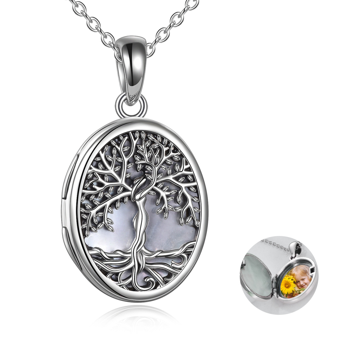 Sterling Silver Mother Of Pearl Tree Of Life Oval Shaped Personalized Photo Locket Necklace-1