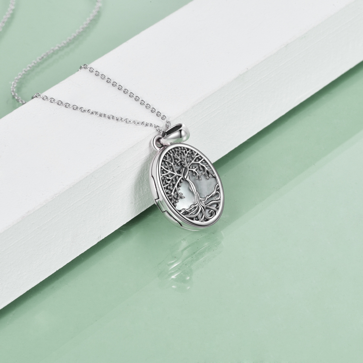 Sterling Silber Mutter der Perle Baum des Lebens Oval geformt personalisierte Foto Medaillon Halskette-3