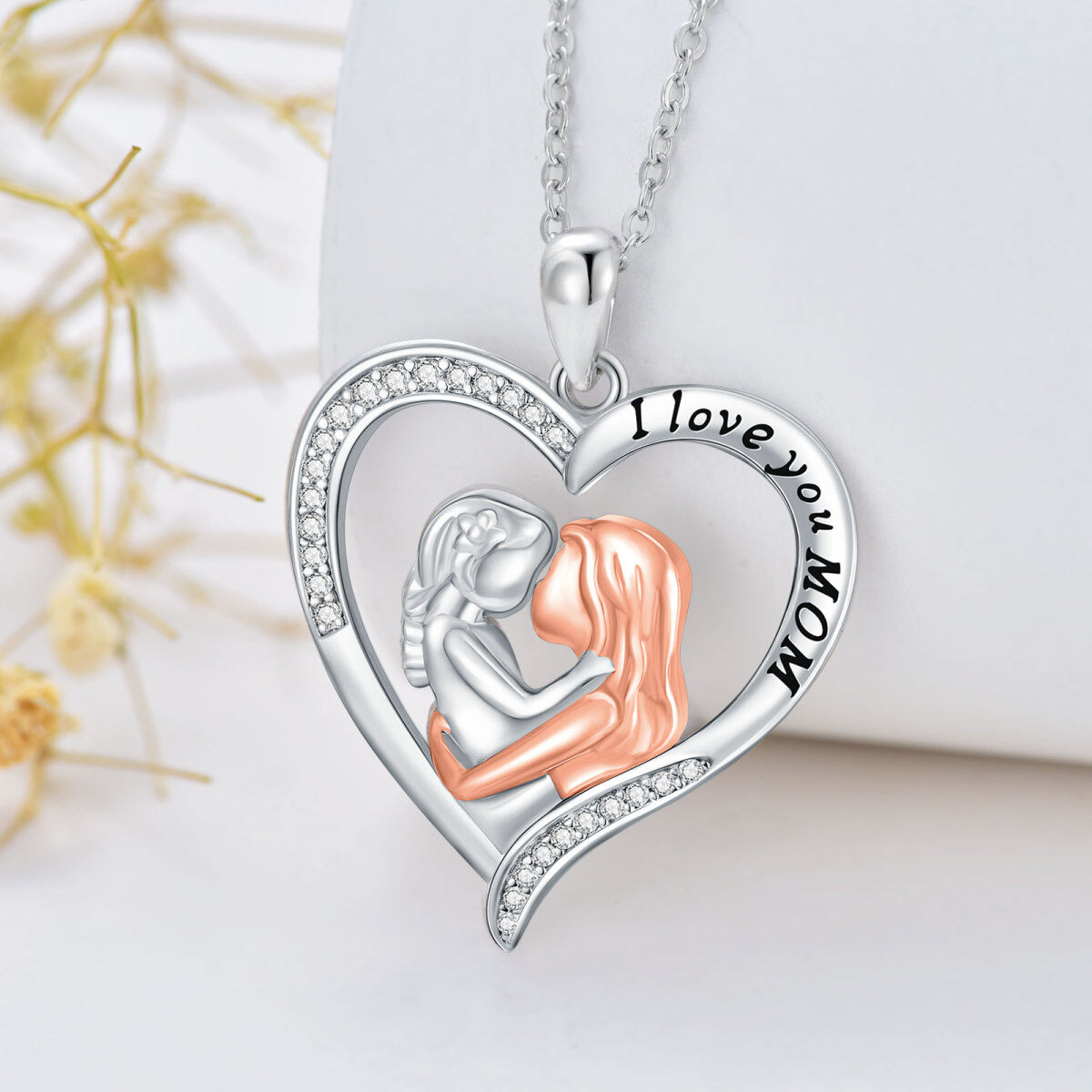 Sterling Silver Cubic Zirconia Mother Pendant Necklace with Engraved Word-3