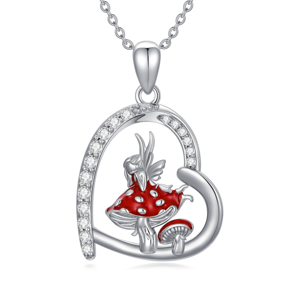 Sterling Silver Cubic Zirconia Mushroom & Fairy Pendant Necklace-1