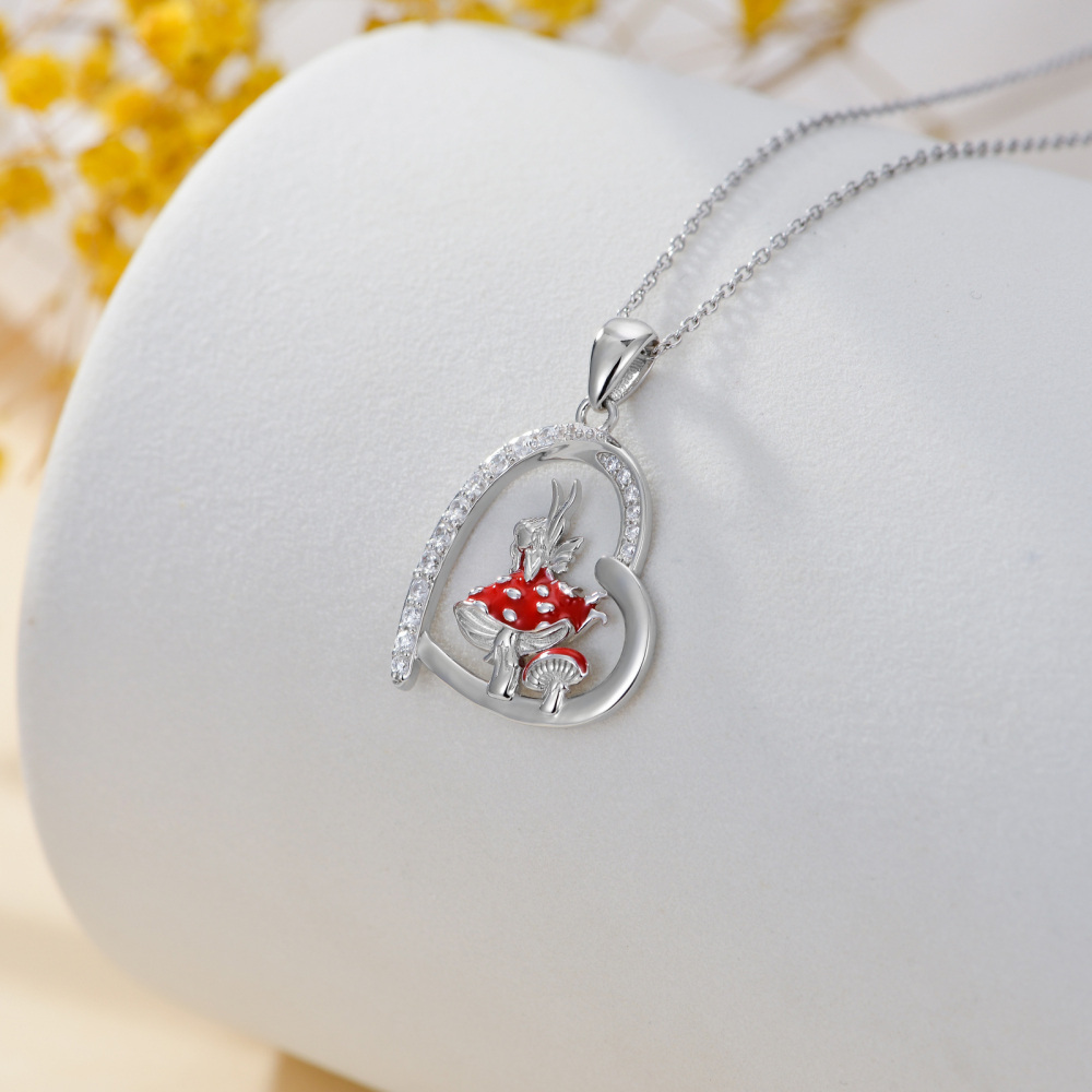 Sterling Silver Cubic Zirconia Mushroom & Fairy Pendant Necklace-4