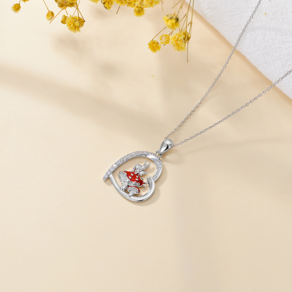 Sterling Silver Cubic Zirconia Mushroom & Fairy Pendant Necklace-5