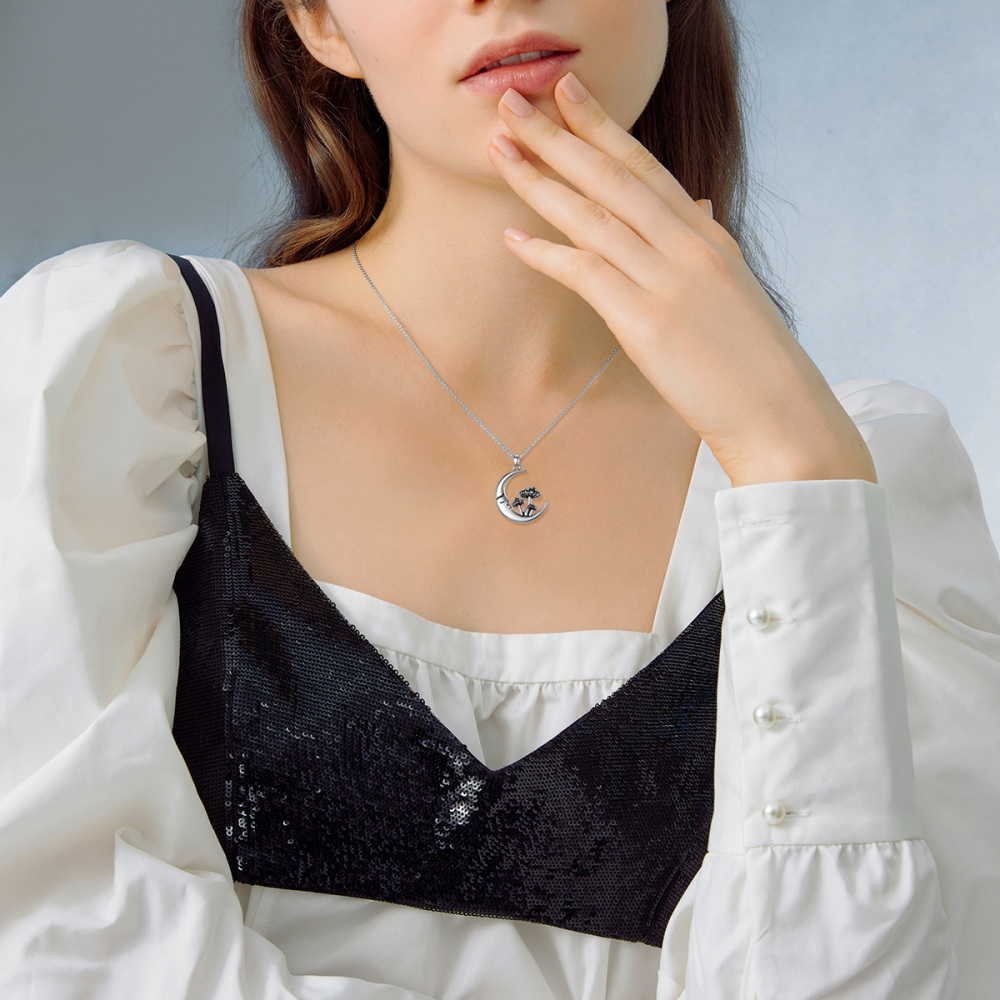 Sterling Silver Mushroom & Moon Pendant Necklace-2
