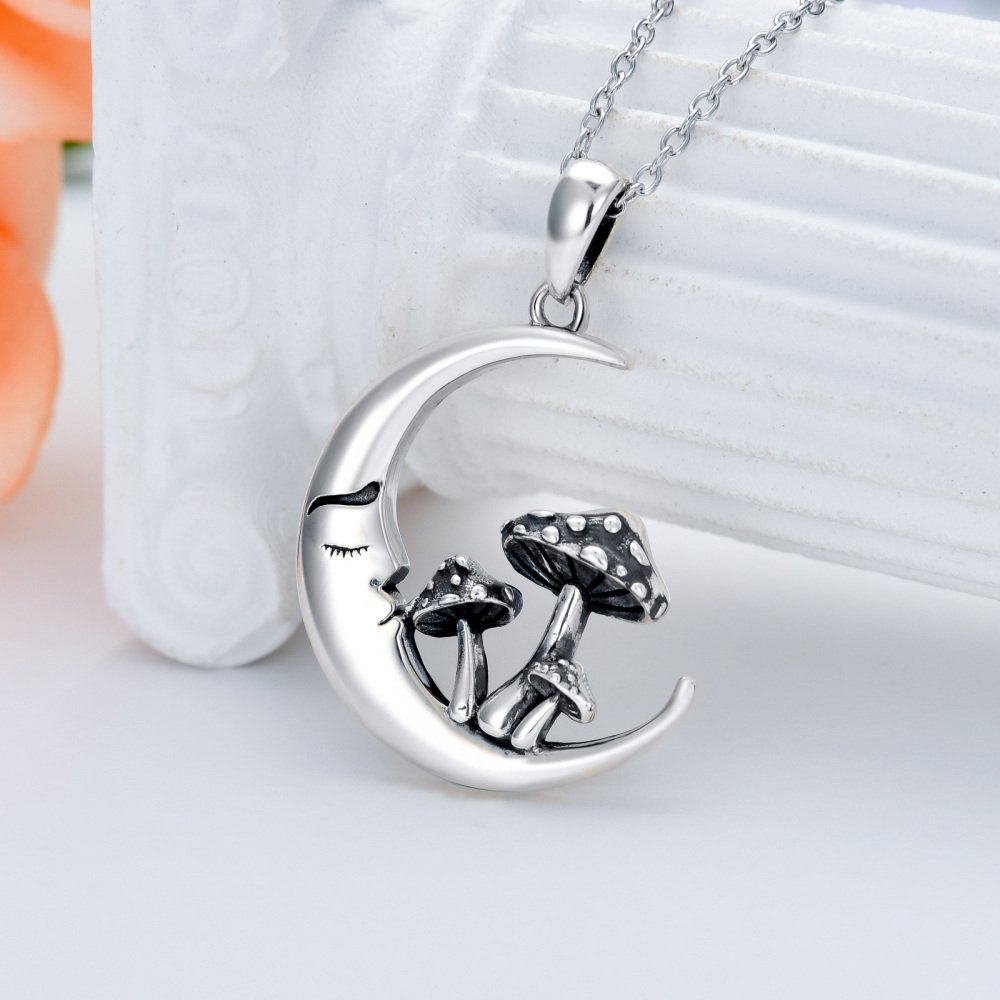 Sterling Silver Mushroom & Moon Pendant Necklace-3