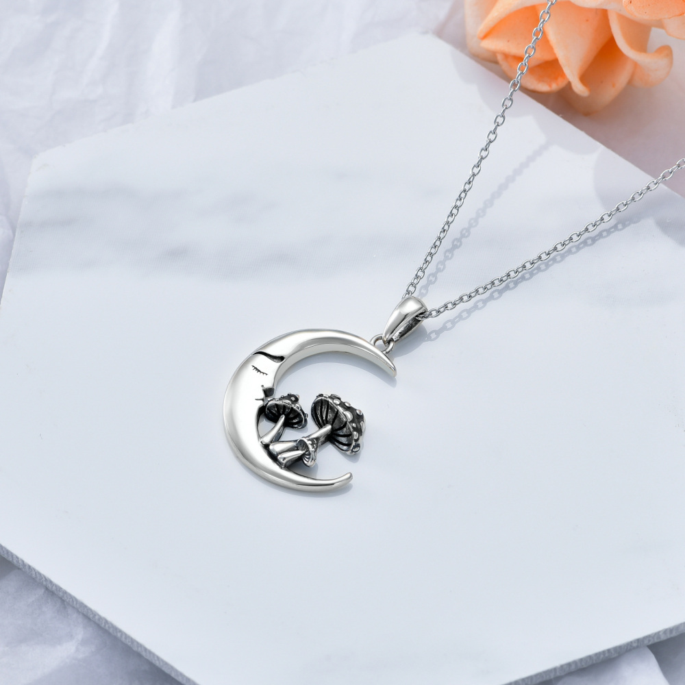 Sterling Silver Mushroom & Moon Pendant Necklace-4