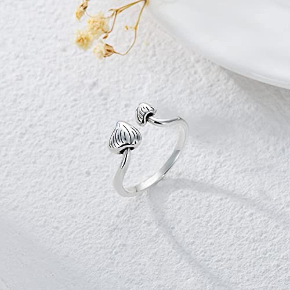 Anillo abierto de plata de ley con forma de hongo-4