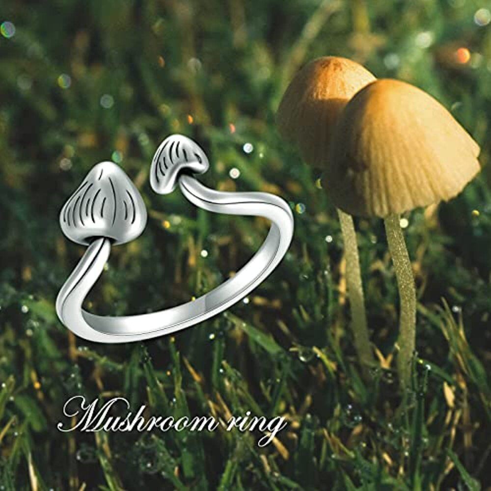 Anillo abierto de plata de ley con forma de hongo-6