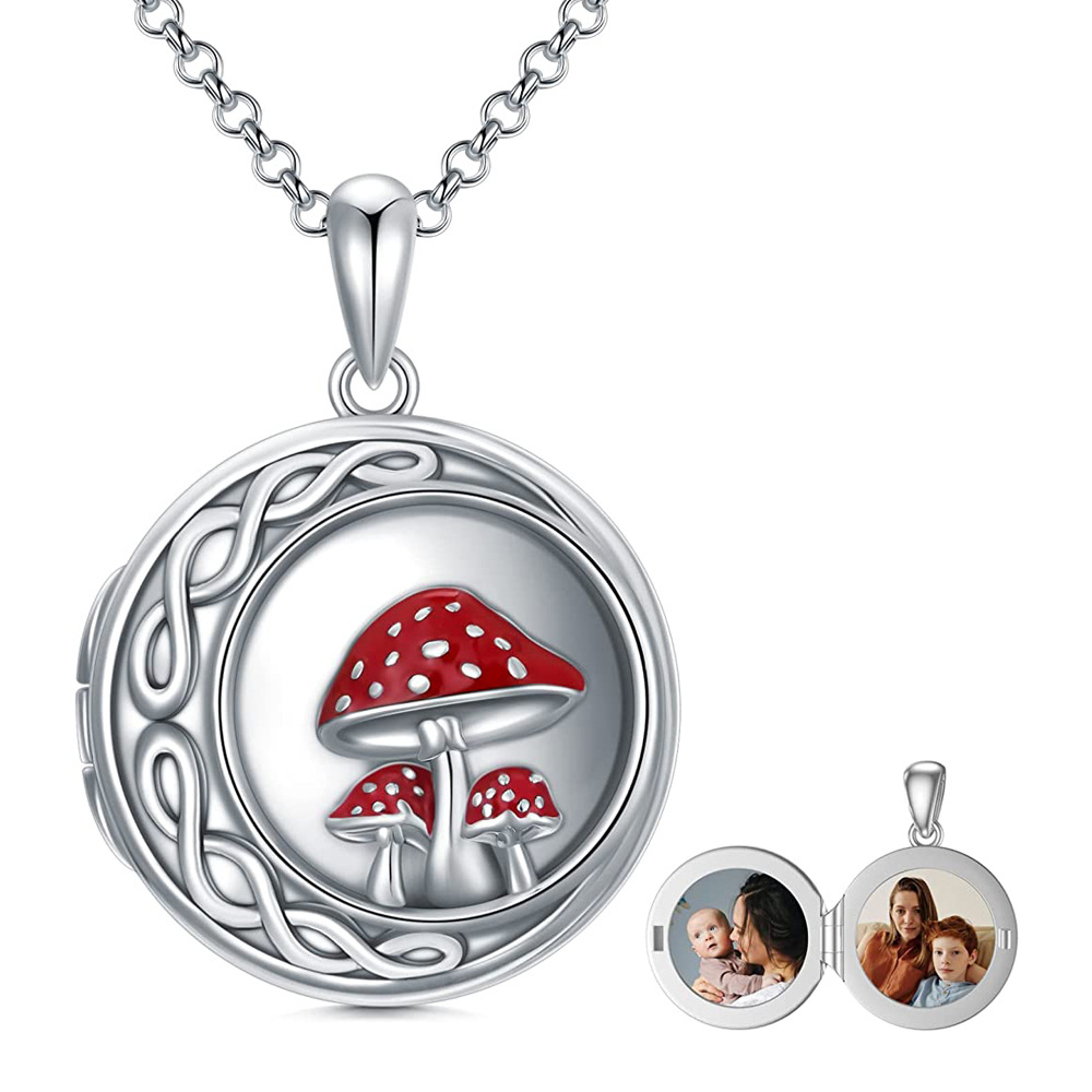 Sterling Silver Mushroom Personalized Photo Locket Necklace-1