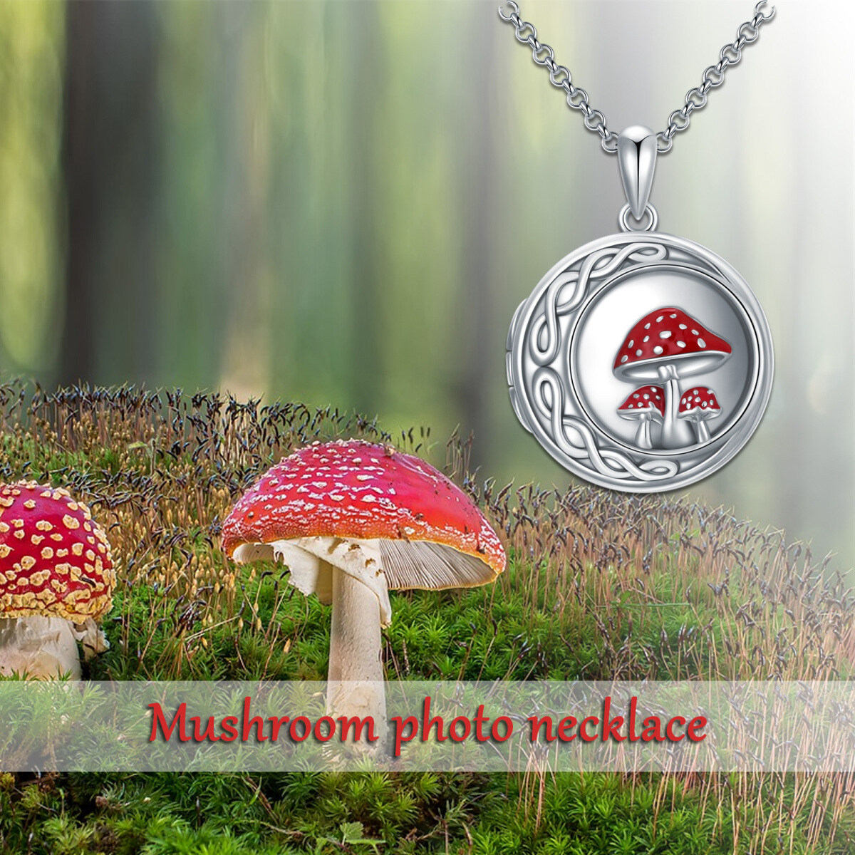 Sterling Silver Mushroom Personalized Photo Locket Necklace-3